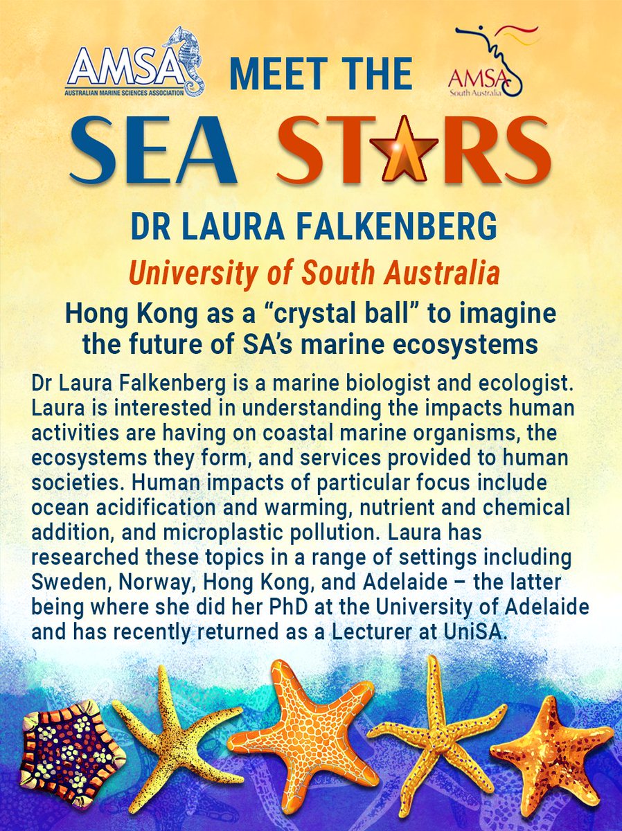 MarineScienceSA's tweet image. Come &amp;amp; meet the Sea Stars at The University of Adelaide on Friday 1st December 2023!

Dr Laura Falkenberg will be presenting on Hong Kong as a 'crystal ball' to imagine the future of SA's marine ecosystems 🌊🌏🔮

Tickets: bit.ly/3QtdELv