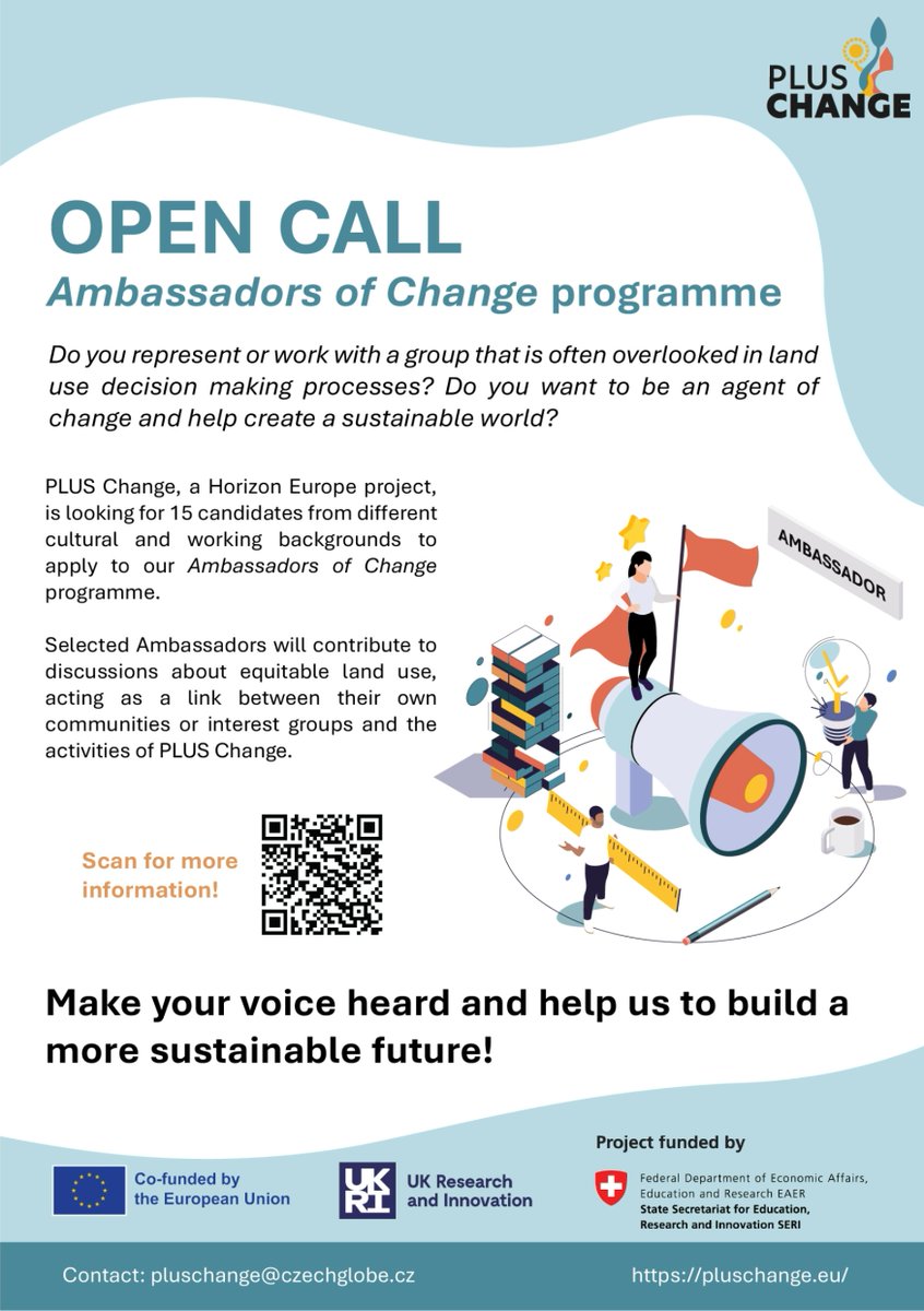 We are seeking applicants to our #AmbassadorsofChange progamme! Learn more about the opportunity here: lnkd.in/eN55_a5A, and please spread the word in your own communities 🌱
#HorizonEurope #LandUsePlanning