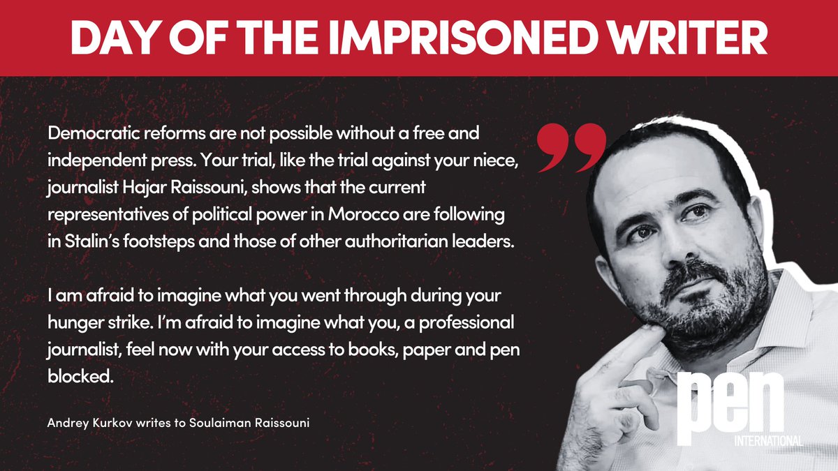 Renowned Ukrainian author, Andrey Kurkov, writes a moving letter to #ImprisonedWriter, Soulaiman Raissouni. Join in solidarity, send your own letter to Rassiouni today: forms.gle/nBMF4ZCA8NtsMj… @AKurkov @Pen_mena @FreeRaissouni @KholoudMokhtar5 #SoulaimanRaissouni #FreeRaissouni