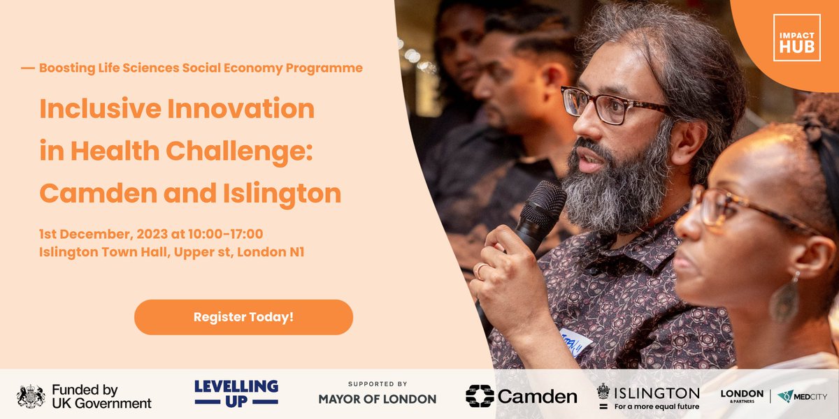 📢Calling all local innovators in Camden and Islington! Join us on Dec 1 at Islington Town Hall, for an Inclusive Innovation in Health Challenge!

🤝Connect with experts &amp; entrepreneurs
💡Share ideas for community health
🏆Win £500

Register now: shorturl.at/gwQTX