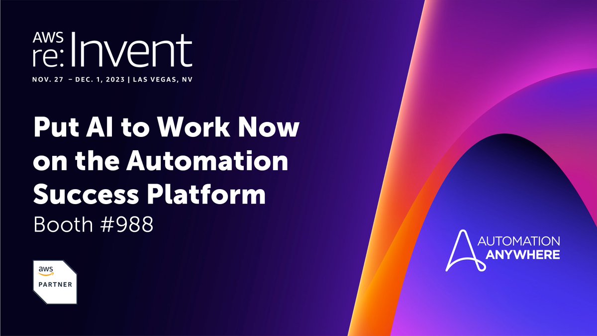 Automation Anywhere (@automationanywh) on Twitter photo Supercharge your business with <a href="/AutomationAnywh/">Automation Anywhere</a> & @AWScloud. 🚀
Join us at #AWSreInvent booth #988 to learn about our generative AI offerings harnessing the power of AWS.
➡️ Find out more here: …mationanywherereinvent.splashthat.com
#AWSPartners <a href="/AWS_Partners/">AWS Partner Network</a> Supercharge your business with <a href="/AutomationAnywh/">Automation Anywhere</a> & @AWScloud. 🚀
Join us at #AWSreInvent booth #988 to learn about our generative AI offerings harnessing the power of AWS.
➡️ Find out more here: …mationanywherereinvent.splashthat.com
#AWSPartners <a href="/AWS_Partners/">AWS Partner Network</a>
