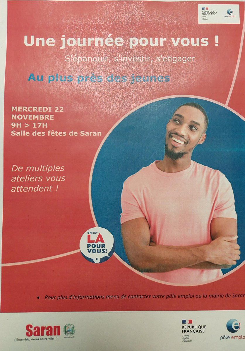 📅📢#Tousmobilisés pour l'#emploi, la #formation, l'#accompagnement des jeunes de @VilleSaran. Retrouvez notre équipe Pôle emploi Orléans Ouest et nos #partenaires 👩‍🦱👱 pour de nombreuses opportunités et conseils tout au long de la journée 😉@poleemploi_RCVL <a href="/patrick_boissy/">Patrick BOISSY</a>