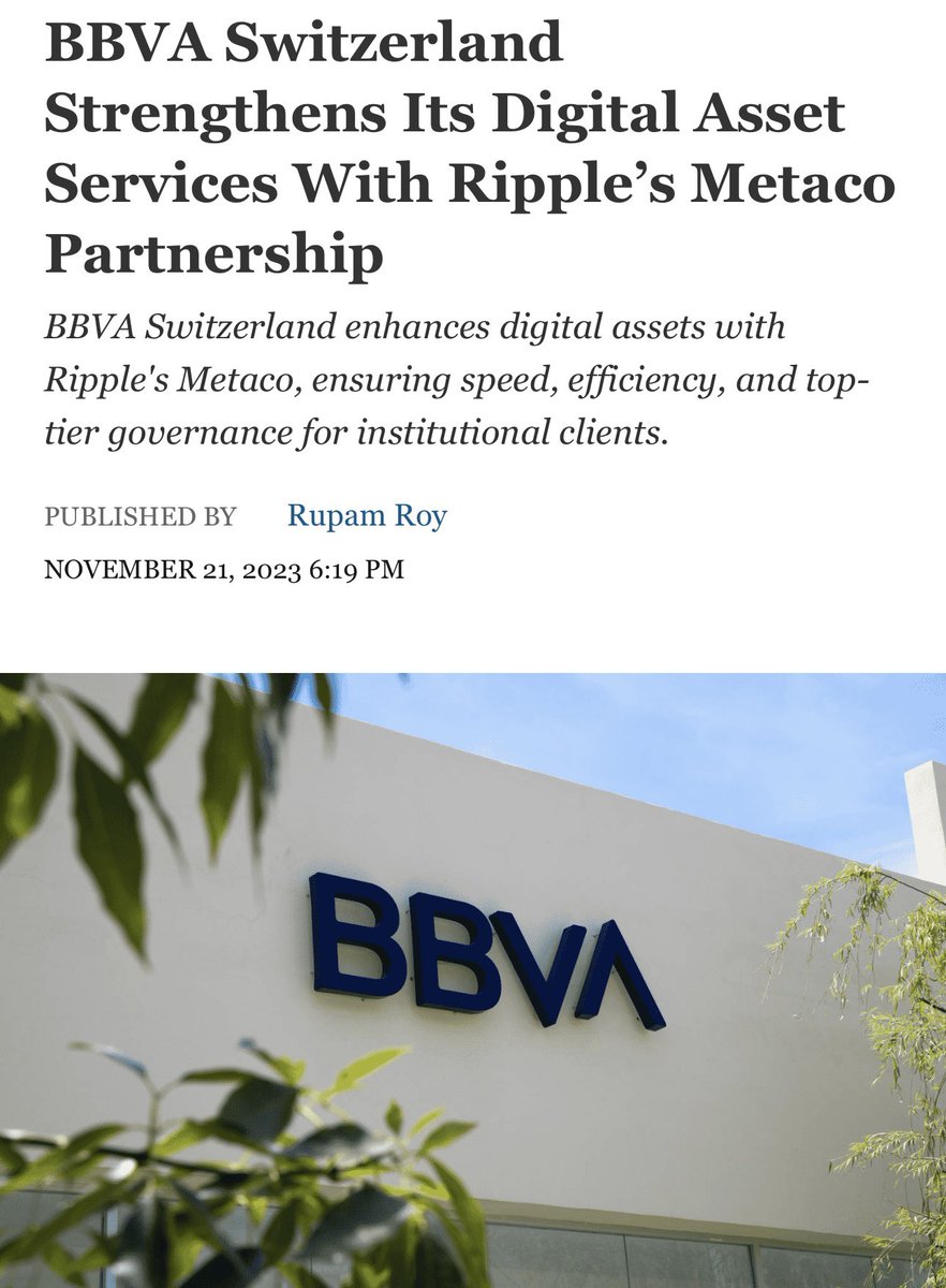 ChadSteingraber's tweet photo. —DAY 124—

BBVA and Ripple’s Metaco become official partners.

This expansion aims to propel BBVA into the forefront of digital asset services, leveraging Metaco’s cutting-edge technology.

#XRP HAS THE 🟢💡 https://t.co/WVgJPdrsV4