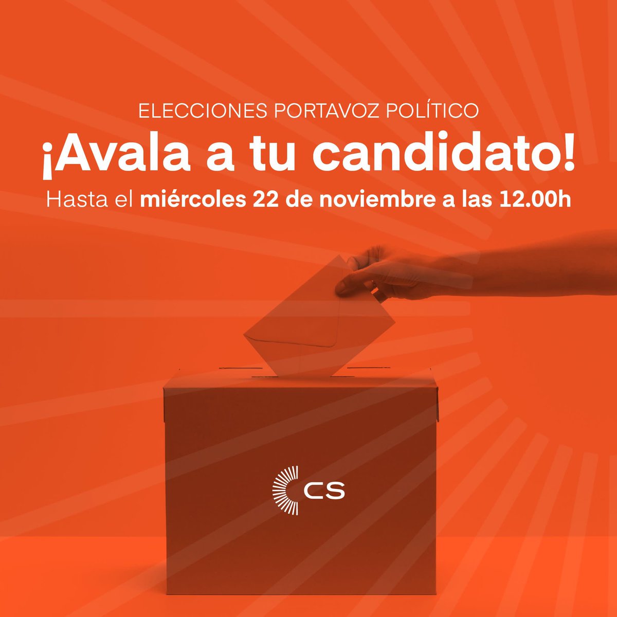 El proceso para la elección del Portavoz Político de Ciudadanos está en marcha. La recogida de avales de los candidatos *finaliza mañana miércoles 22 de noviembre a las 12:00h.*

¡Todavía estás a tiempo! 

👉🏼 Entra en *Espacio Naranja* y avala a tu candidato: