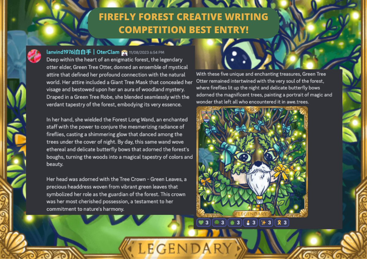 OtterClam's tweet photo. Kudos to @EggElves for winning the title of "Best Story" of the ForestOtter Legendary #NFT in our Creative Writing Competition!ππ³βοΈ
Your enchanting tale earned you a #FireFlyForest-themed chest. Cheers to your creativity!ππ»
#NFTCommunity #OttopiaMagic https://t.co/XQfhftIUKC