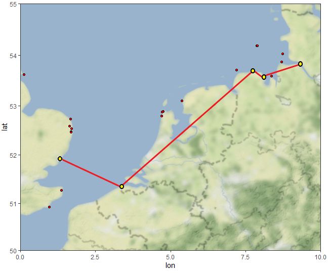 @IBIS_journal @LotekWireless 4/6 #BOUsci23 #BREAK2 
We found high variation in departure behaviour among sites (fig 1: means = coloured lines) and individuals (dots), including one male that travelled to Germany. All birds departed after sunset - most (n=11) between 18:00 & 21:00, n=4 between 01:00 & 03:00.