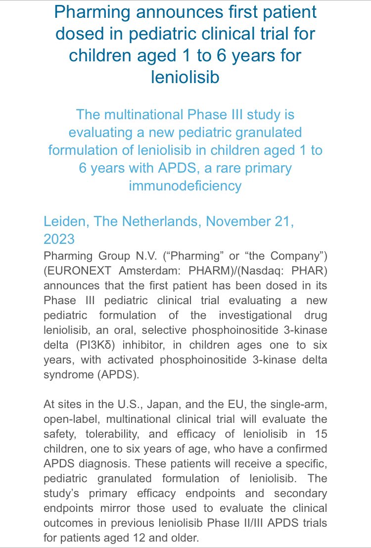 PharmingForum's tweet photo. Pharming announces first patient dosed in pediatric clinical trial for children aged 1 to 6 years for leniolisib
$PHAR https://t.co/DJtOusAbmC