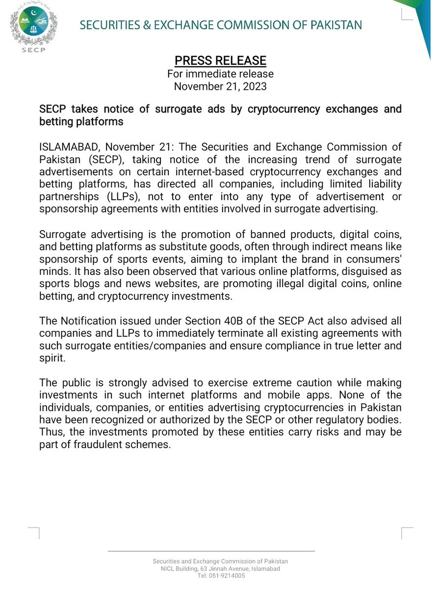 The SECP has issued a Notification directing companies, including LLPs, to  avoid advertisements or sponsorship agreements with entities involved in  surrogate advertising on cryptocurrency exchanges and betting platforms.  The Notice is available