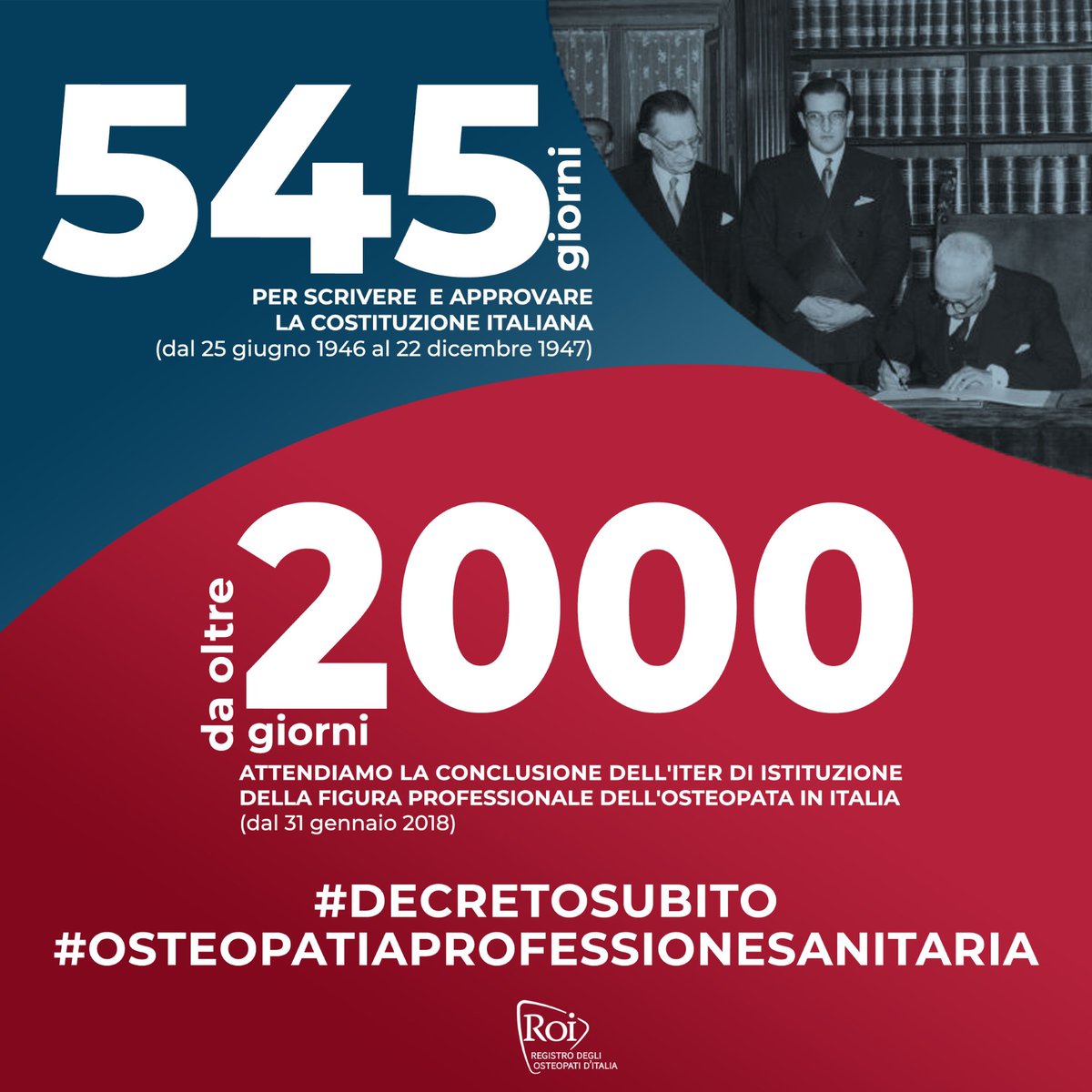 Ci sono voluti 545 giorni per scrivere e approvare la Costituzione italiana, mentre #osteopati e cittadini attendono da oltre 2.000 giorni che la Legge 3/2018 che individua l’#osteopatia come professione sanitaria venga attuata!
FIRMA LA PETIZIONE 🖋 bit.ly/PetizioneOsteo…