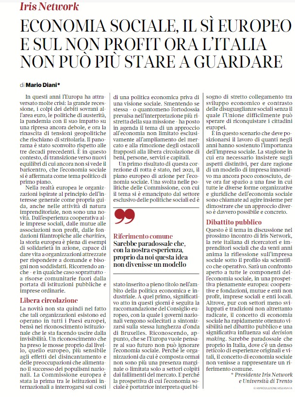 In un'Europa in transizione verso nuovi equilibri, l'economia sociale si afferma come protagonista per rispondere alle sfide: solidarietà in azione per una prospettiva di sviluppo economico e contrasto alle disuguaglianze. #MarioDiani, presidente di <a href="/Iris_Network/">Iris Network</a> su <a href="/CorriereBN/">CorriereBuoneNotizie</a>