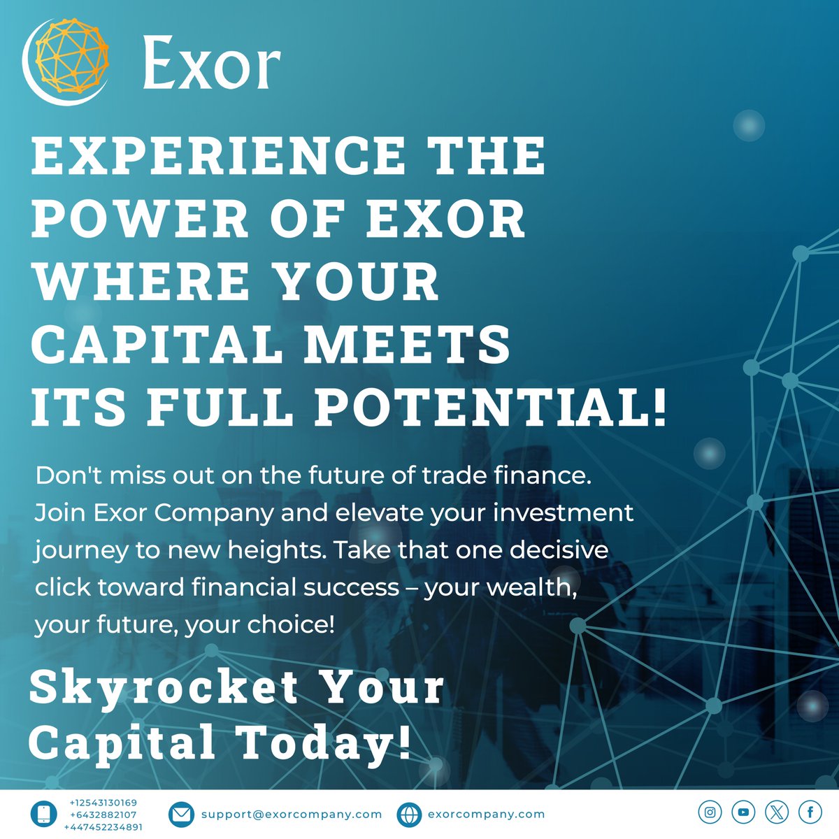 Embark on a transformative journey with Exor
Unleash the power of your capital and explore boundless possibilities in trade finance.
Join us at exorcompany.com to elevate your investment game 
Your wealth, your future, your choice!
#ExperienceExor #InvestWisely