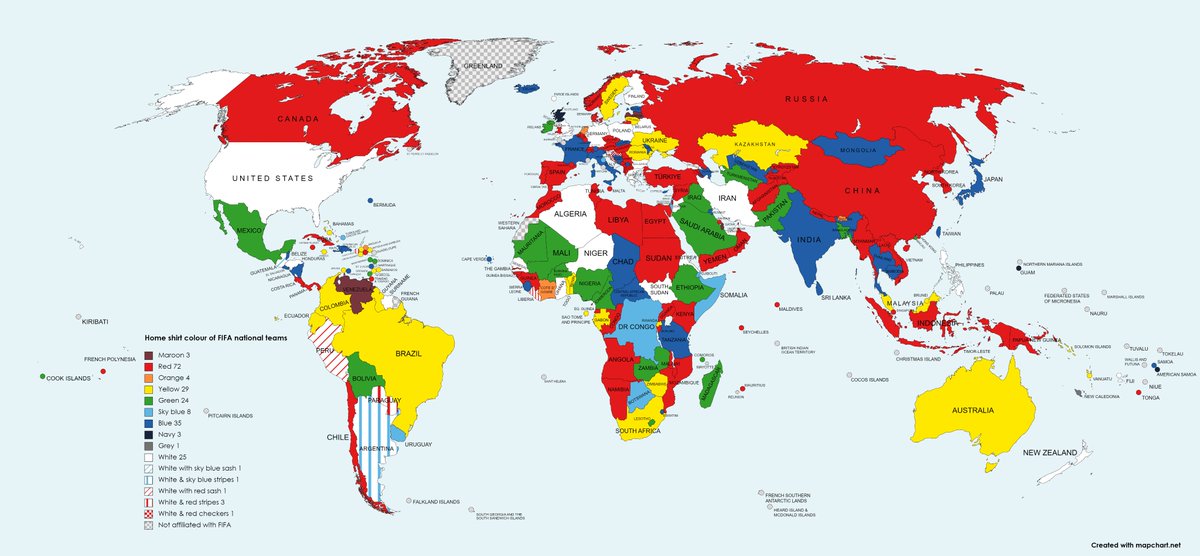 Home shirt colour of football national teams members of FIFA.
@Hiddej_GtP #30DayMapChallenge