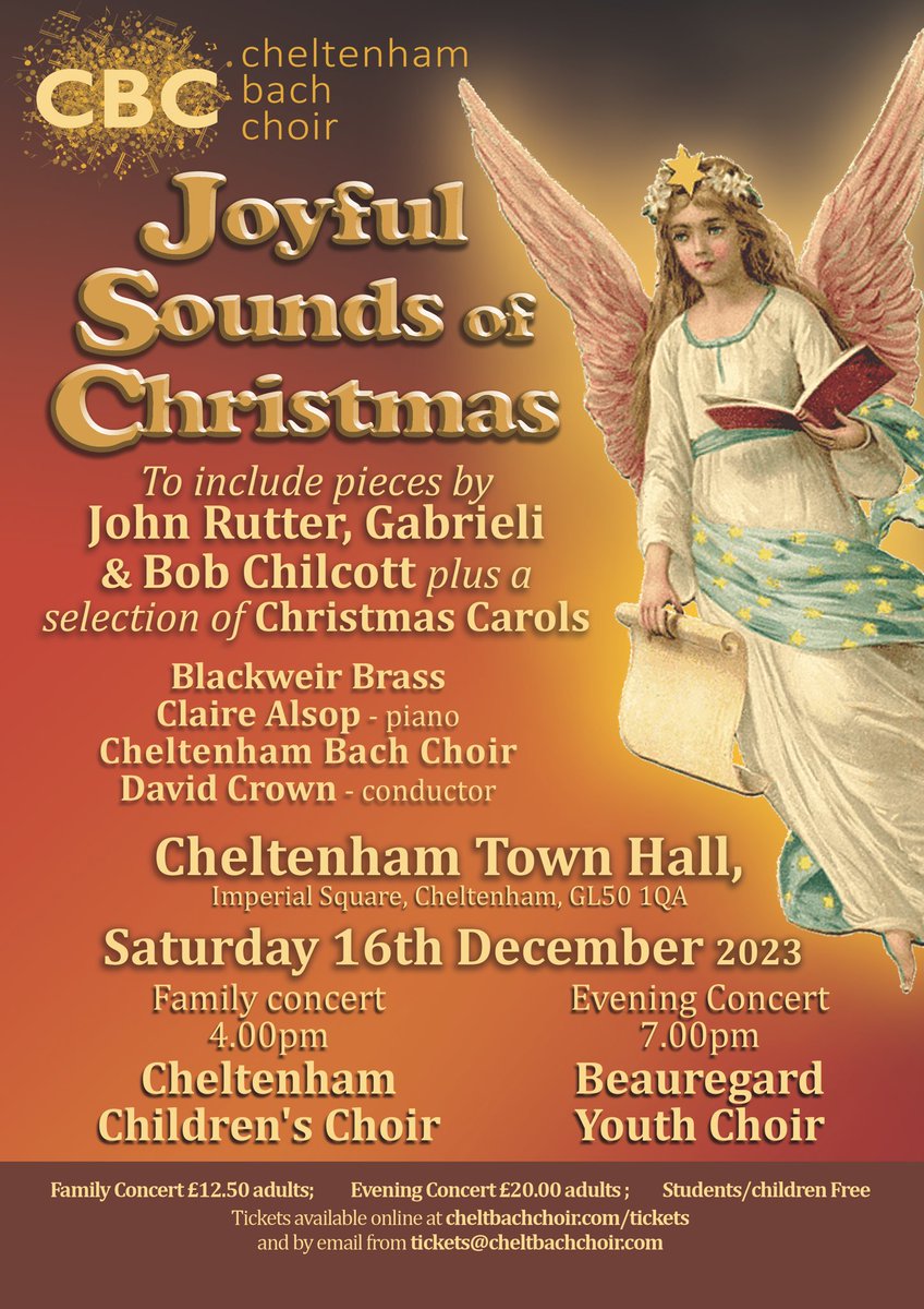 Christmas is just around the corner &amp; this year we’re bringing you 2 concerts to get you all Christmassy! Bring the family along to <a href="/CheltenhamTH/">Cheltenham Town Hall</a> on 16th Dec at 4pm or 7pm. It’s going to be an evening full of Christmas sparkle ✨🎄✨
Tickets available here cheltbachchoir.com/concerts.html