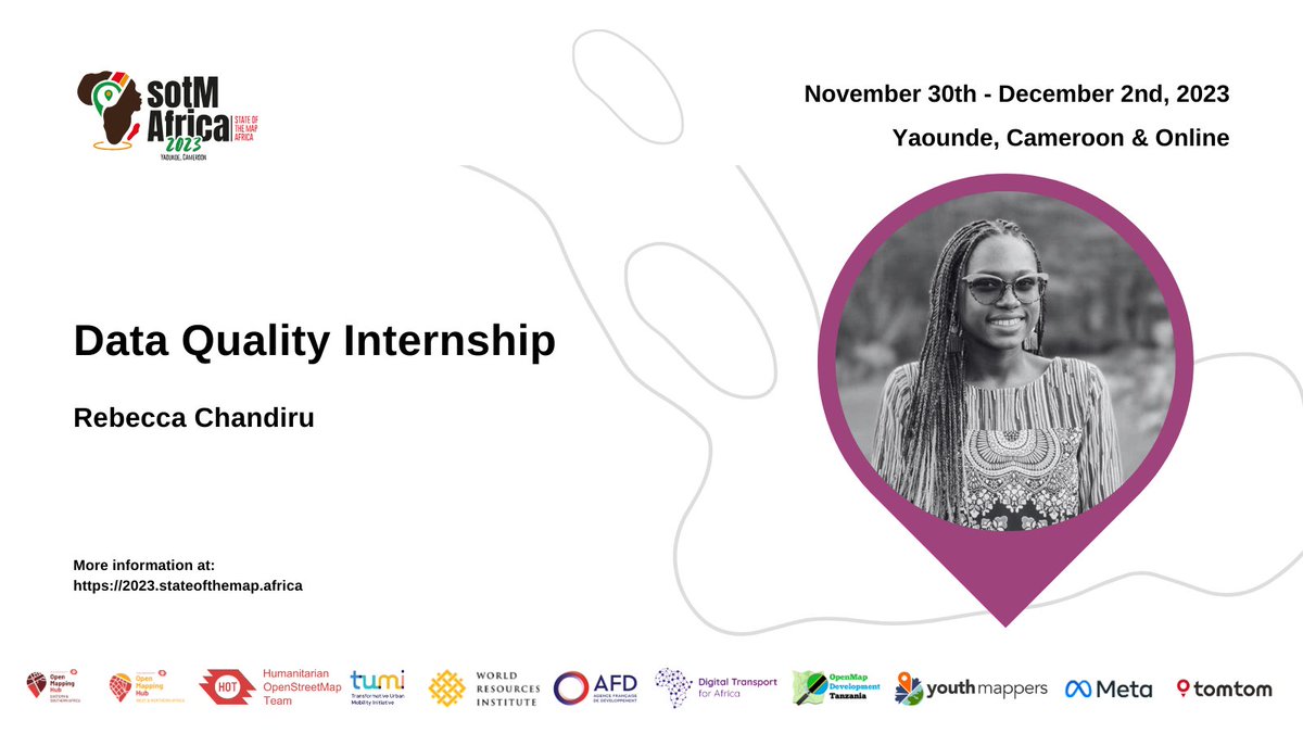 SotM Africa 2025 (@sotmafrica) on Twitter photo Join <a href="/BeckyCandy6/">Becky Candy</a> at #SotMAfrica2023 for an insightful discussion on the Data Quality Internship
The HOT Data Quality Internship is a 3-month comprehensive training on various geospatial tools including iD Editor, JOSM, OSMCha, Osmose & more
For details: pretalx.com/sotm-africa-20… Join <a href="/BeckyCandy6/">Becky Candy</a> at #SotMAfrica2023 for an insightful discussion on the Data Quality Internship
The HOT Data Quality Internship is a 3-month comprehensive training on various geospatial tools including iD Editor, JOSM, OSMCha, Osmose & more
For details: pretalx.com/sotm-africa-20…
