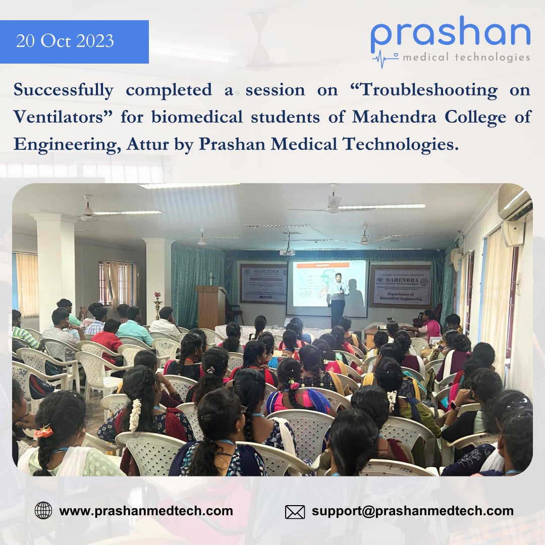 MedicalPrashan's tweet photo. "Success is the sum of small efforts, repeated day in and day out" 

Successfully completed a session on " Troubleshooting on Ventilators" for biomedical students of Mahendra College of Engineering, Attur by Prashan Medical Technologies https://t.co/sHA83IZ4oA