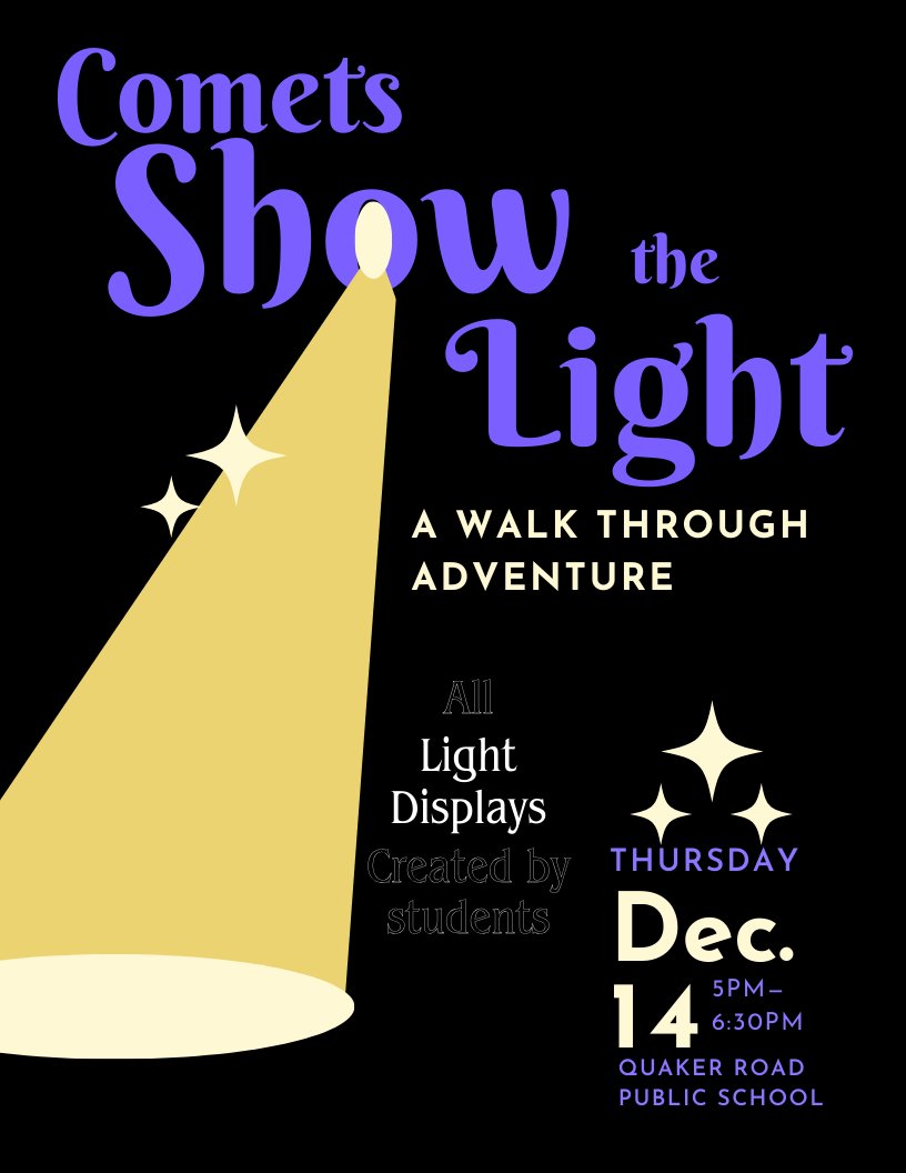 RoadQuaker's tweet photo. 🌟 Illuminate the Night at Quaker Road Public School! 🚶‍♂️🔦 Excited for the "Comet Show the Light" - a mesmerizing walk-through adventure showcasing the brilliance of student-created lights. 🎇✨ 📚 #CometShowTheLight #StudentArt #QuakerRoadMagic https://t.co/I9aXcf4Pcf