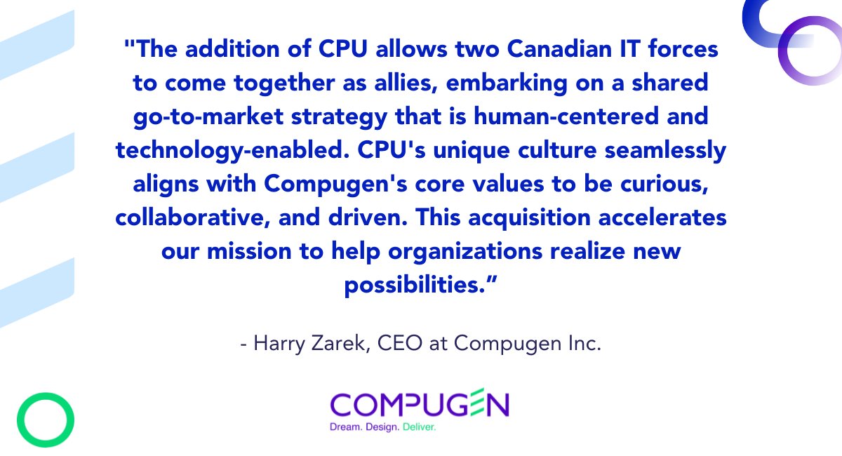 Compugen announces its acquisition of leading IT solution provider CPU expanding its technology alliance and reinforcing their commitment to customer experience.

hubs.la/Q029y-fr0

#ThisisCompugen #GreaterTogether