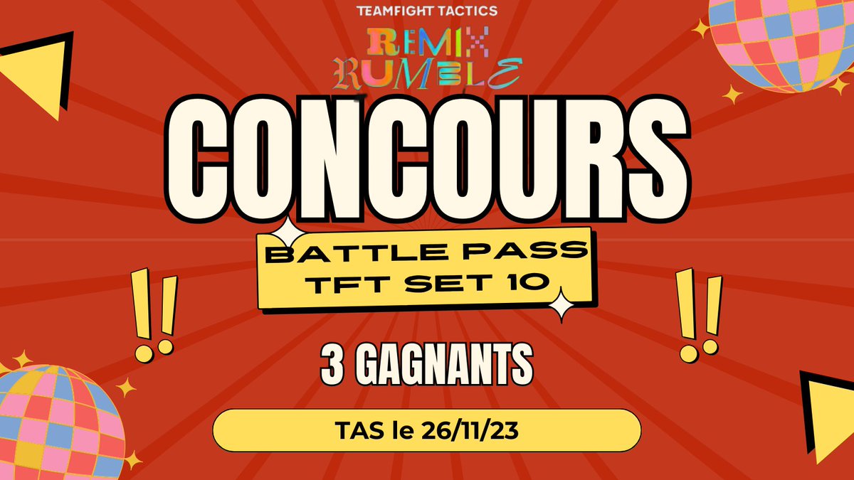 Un33dTFT's tweet photo. 🎁 CONCOURS 🎁

3 BATTLE PASS du SET 10 de TFT à GAGNER 🤩

🔸 RT + Follow @Un33dTFT 
🔹 Commente avec un screen ou clip du meilleur moment dans une de tes parties (la plus zinzin)
🔸 Écris "Un33d Challenge" dans le chat IG

🕺 À vos platines et bonne chance 🍀

⌛ TAS le 26/11 https://t.co/iUkYJNi98w