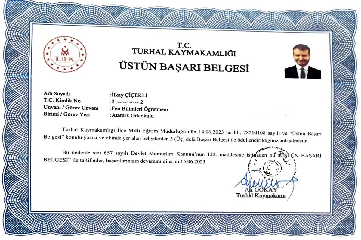 657 sayılı Devlet Memurları Kanunu'nun 122. Maddesi hükmü doğrultusunda 3 defa Başarı Belgesi aldığım için Üstün Başarı Belgesi ile taltif edildim.
Rabbim yaptığımız işlerden dolayı bizleri utandırmasın.