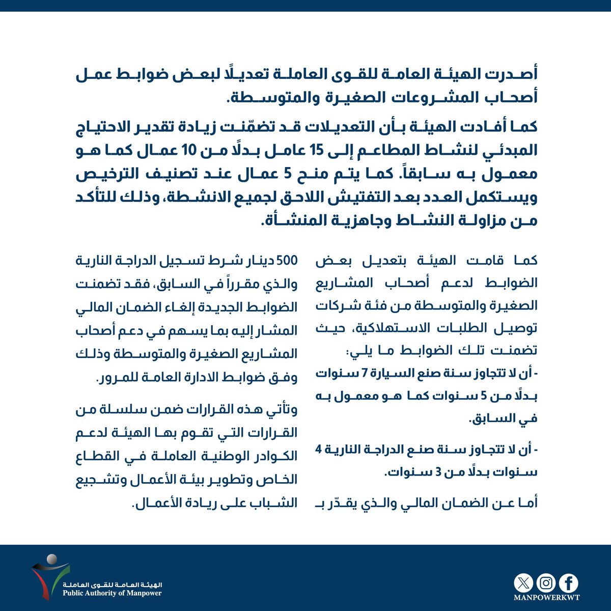 manpowerkwt's tweet photo. دعماً لأصحاب المشاريع المسجلين على الباب الخامس

الهيئة العامة للقوى العاملة تعدّل بعض ضوابط عمل المشروعات الصغيرة والمتوسطة

التعديلات تضمّنت:

- تمديد فترة استخدام "السيارات" الى 7 سنوات بدلاً من 5 سنوات لنشاط توصيل الطلبات الاستهلاكية 

- تمديد فترة استخدام "الدراجة النارية" الى 4 سنوات بدلاً من 3 سنوات

- الغاء الضمان المالي "500 دينار" شرط التسجيل "الدراجة النارية" وذلك وفق شروط وضوابط الادارة العامة للمرور

- زيادة تقدير الاحتياج المبدئي الى 15 عامل بدلاً من 10 عمال لنشاط المطاعم