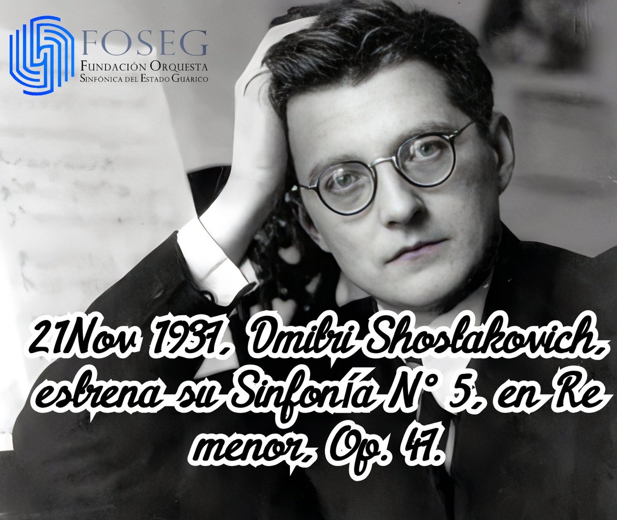 #21Nov En 1937, #DmitriShostakovich, estrena su Sinfonía N° 5, en Re menor, Op. 47. Interpretada por la #OrquestaFilarmónicadeLeningrado dirigida por #YevgenyMravinsky, con un enorme éxito. En enero d 1938, fue presentada en Moscú, New York y París, logrando un estupendo éxito.
