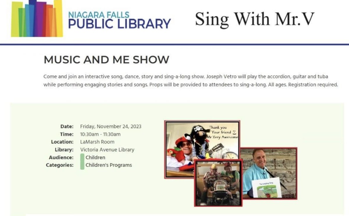 (Sorry my mistake)
Looking forward to lots of storytelling, sing along songs, &amp; of course, dancing too. Join us this Friday at the Victoria Ave Library Branch in Niagara Falls from 10:30-11:30am. <a href="/NFLibrary/">NFLibrary</a> @notllibrary <a href="/WellandLibrary/">Welland Public Library</a> <a href="/PortColborneLib/">Port Colborne Public Library</a> Have a wonderful day ❤️🎵