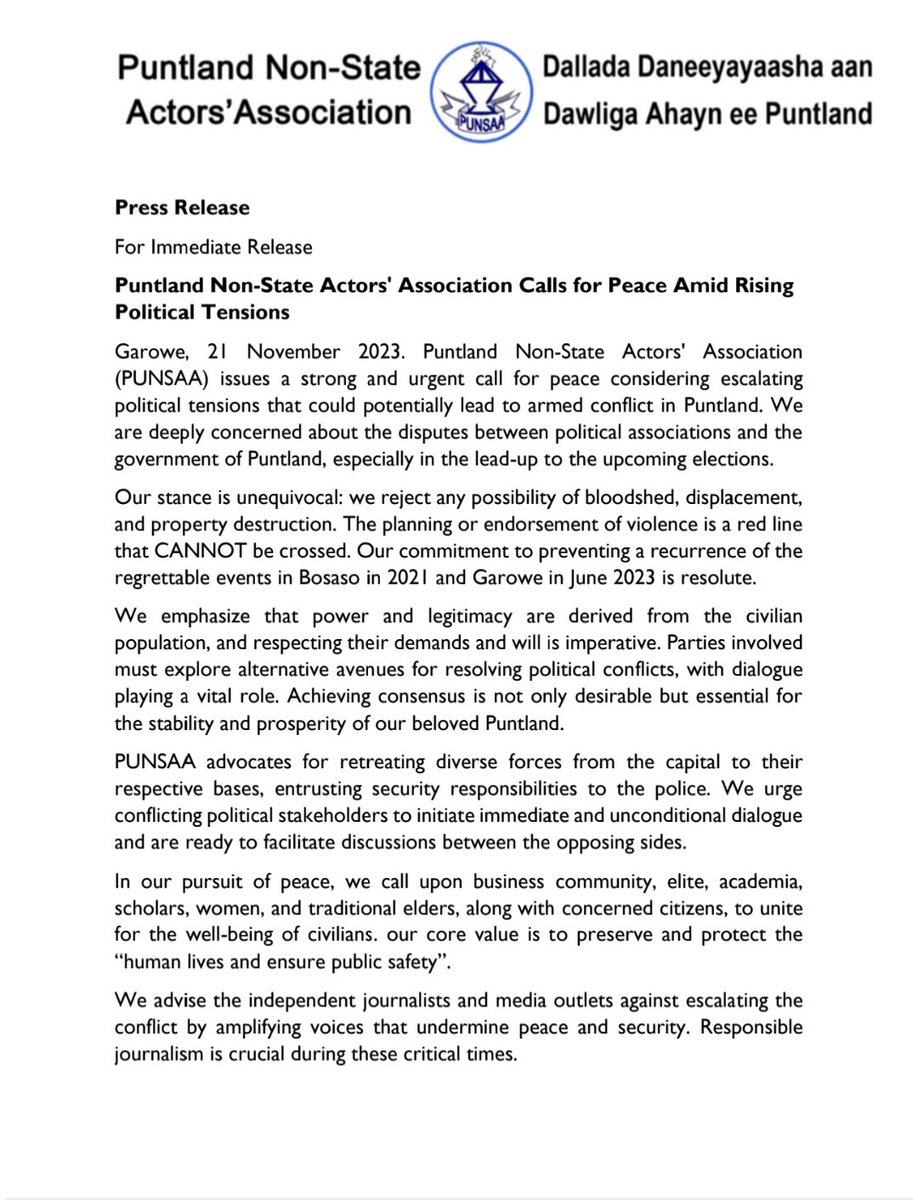 Punsaa_PL's tweet photo. Puntland Non-State Actors Association urgently calls for peace, rejecting violence and promoting dialogue to safeguard human lives and public safety. Ready to facilitate talks, We urge to the human rights office to document violations. Our Press release on tentions in #Puntland👇 https://t.co/17Yn3RDXMl