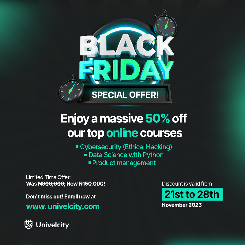 univelcity's tweet photo. Univelcity's Massive Black Friday Offer is here! 

Elevate your tech career! Enjoy 50% OFF our online Cybersecurity, Data Science, &amp; Product Management courses, plus 65% OFF our UI/UX course!💡

Seize the opportunity, invest in your future! 

Offer ends Nov 28th. Enroll now!