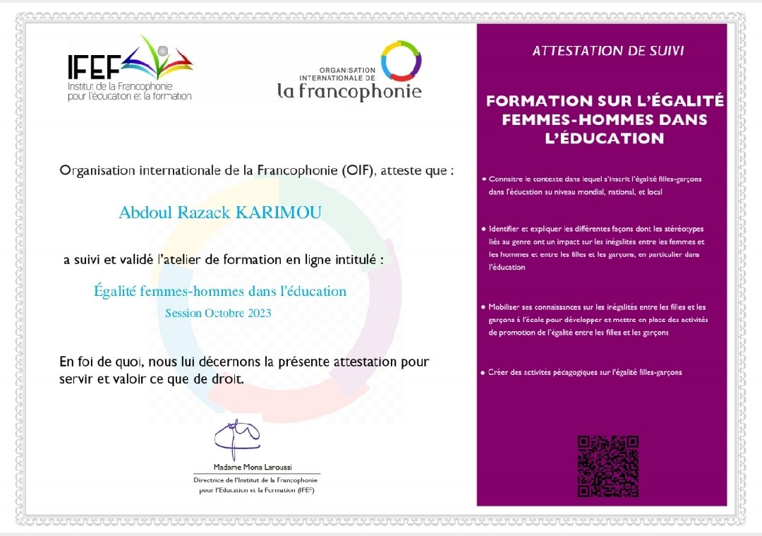 Égalité filles garçons
Une nouvelle expérience acquise.
Merci à <a href="/ifef_oif/">IFEF</a> pour l'opportunité <a href="/OIFrancophonie/">La Francophonie</a> 
<a href="/ab_benin/">Blogueurs du Bénin</a> <a href="/Accescultureafr/">Accès Culture Afrique</a> <a href="/aj2dBenin/">AJ2D-Bénin</a> <a href="/UEMOA_Officiel/">UEMOA_Officiel</a> <a href="/UNICEF_Benin/">UNICEF Benin</a> <a href="/CARE/">CARE (care.org)</a> <a href="/unfpa_benin/">UNFPA Bénin CO</a> <a href="/bjlaurenceau/">barbara laurenceau</a> <a href="/agbegnigan2013/">Cyrus AGBEGNIGAN</a> <a href="/USAIDWestAfrica/">USAID West Africa</a> <a href="/YaliTeam229/">Benin Yali Alumni Association</a> <a href="/yalidakar/">CRL YALI DAKAR</a> 
#irifou