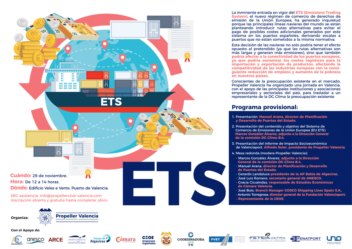 FValenciaport's tweet photo. 📍 El próximo miércoles 29 de noviembre tendrá lugar en Valencia un programa organizado por Propeller Valencia sobre la entrada en vigor del nuevo #ETS (Emissions Trading System).
Más información 👉@propellervlc
#EmissionsTradingSystem #PuertodeValencia #Puertos https://t.co/0kufRiO0kL