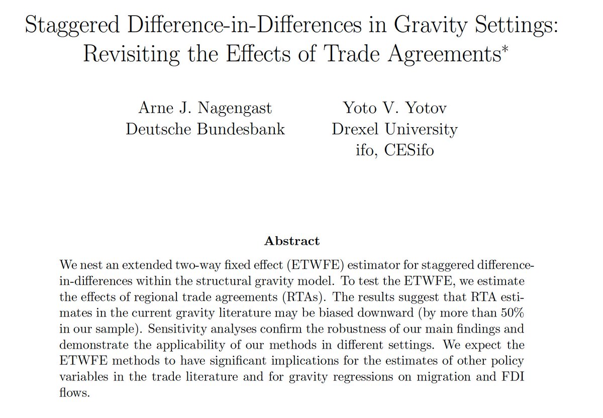 "Gravity estimations with Staggered Difference-in-differences"

ideas.repec.org/p/ris/drxlwp/2…

Most credit for our new working paper goes to my brilliant co-author Arne J. Nagengast <a href="/bundesbank/">Deutsche Bundesbank</a>. Thanks to all colleagues who gave us great comments and suggestions!

@EconTwitter
