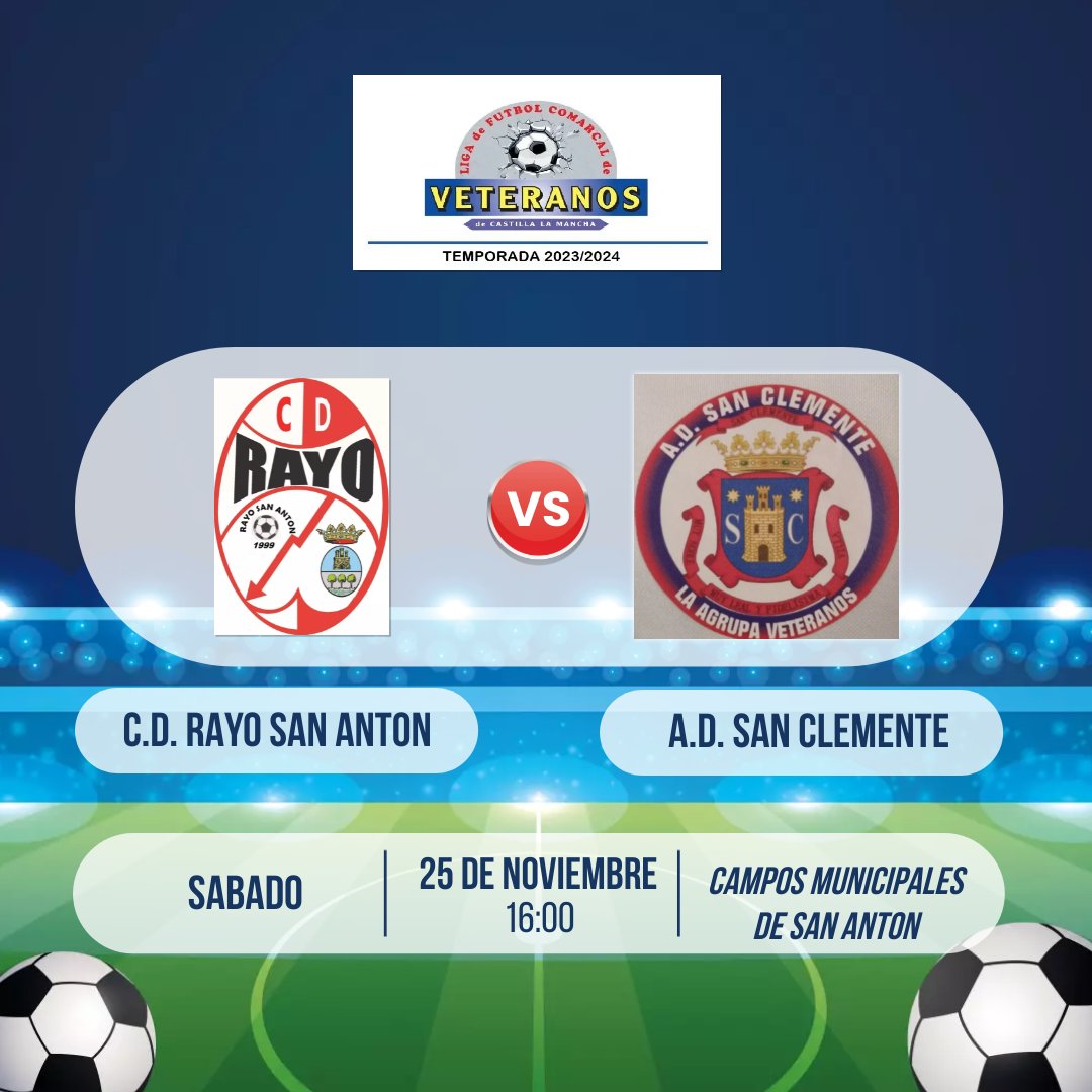 Seguimos con la temporada, vamos a por la jornada 4, el sábado 25 de noviembre a las 16:00 , nos visita nuestros vecinos de San clemente veteranos.

Aúpa Rayo!!!