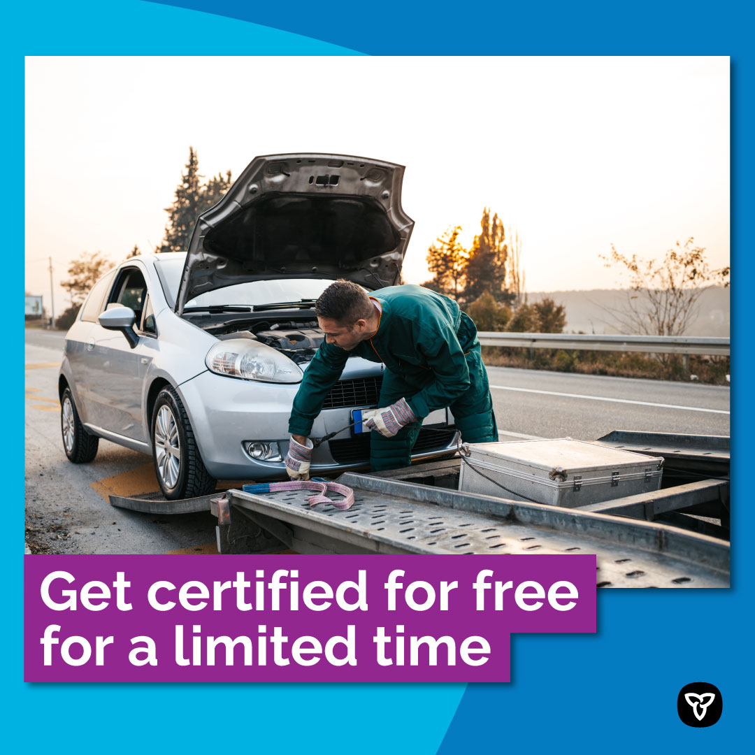 Tow truck drivers and tow and storage operators must be certified to continue doing business in Ontario.

Applications are free for a limited time, don’t delay. 

Operators apply by Jan. 1, 2024.
Drivers apply by July 1, 2024.

Apply here:  ontario.ca/towstoragecert…
