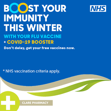Clare Pharmacy is continuing to offer Covid &amp; Flu vaccination through Nov &amp; Dec
Please book:-

nhs.uk/.../covid.../b…
(NHS qualifying criteria apply)

Clare Pharmacy, 31 High Street, Clare, Suffolk. CO10 8NY
The Health Centre (Haverhill), Camps Road, Haverhill, Suffolk. CB9 8HF