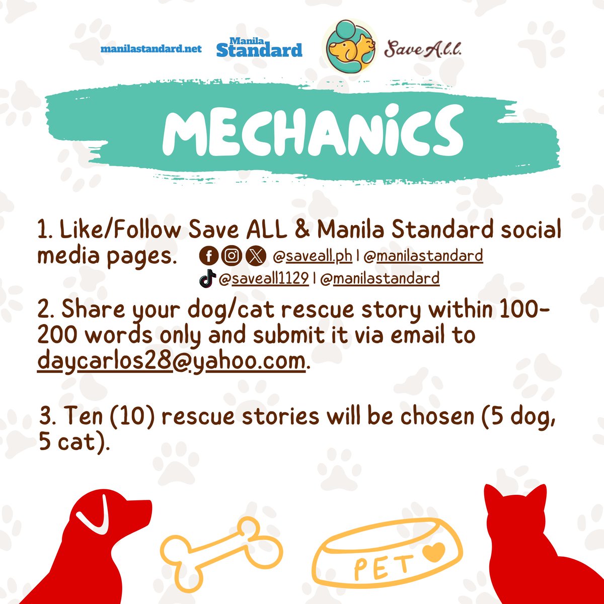 mnlstandardph's tweet image. SHARE YOUR STORY! 
In collaboration with Save ALL, we will hold a contest where you can share your story on how you rescued your furbaby! 

How to join? Just read the instructions and you are good to go Hurry and win all the prizes!

#ManilaStandard #SaveALL #ShareYourRescueStory