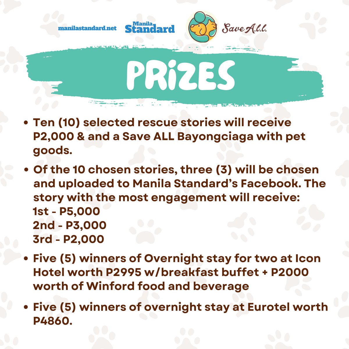 mnlstandardph's tweet image. SHARE YOUR STORY! 
In collaboration with Save ALL, we will hold a contest where you can share your story on how you rescued your furbaby! 

How to join? Just read the instructions and you are good to go Hurry and win all the prizes!

#ManilaStandard #SaveALL #ShareYourRescueStory