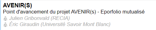 <a href="/EsupPortail/">ESUP-Portail</a> <a href="/Univ_Lorraine/">Lorraine</a> #ESUPDays36 Point d'avancement du projet AVENIR(s) - Eporfolio mutualisé Julien @RECIA_jgribonva  (<a href="/GIPRecia/">GIP Recia</a> ) et Éric <a href="/GiraudinEric/">Giraudin Eric</a>  ( <a href="/Univ_Savoie/">UnivSavoieMontBlanc</a>)