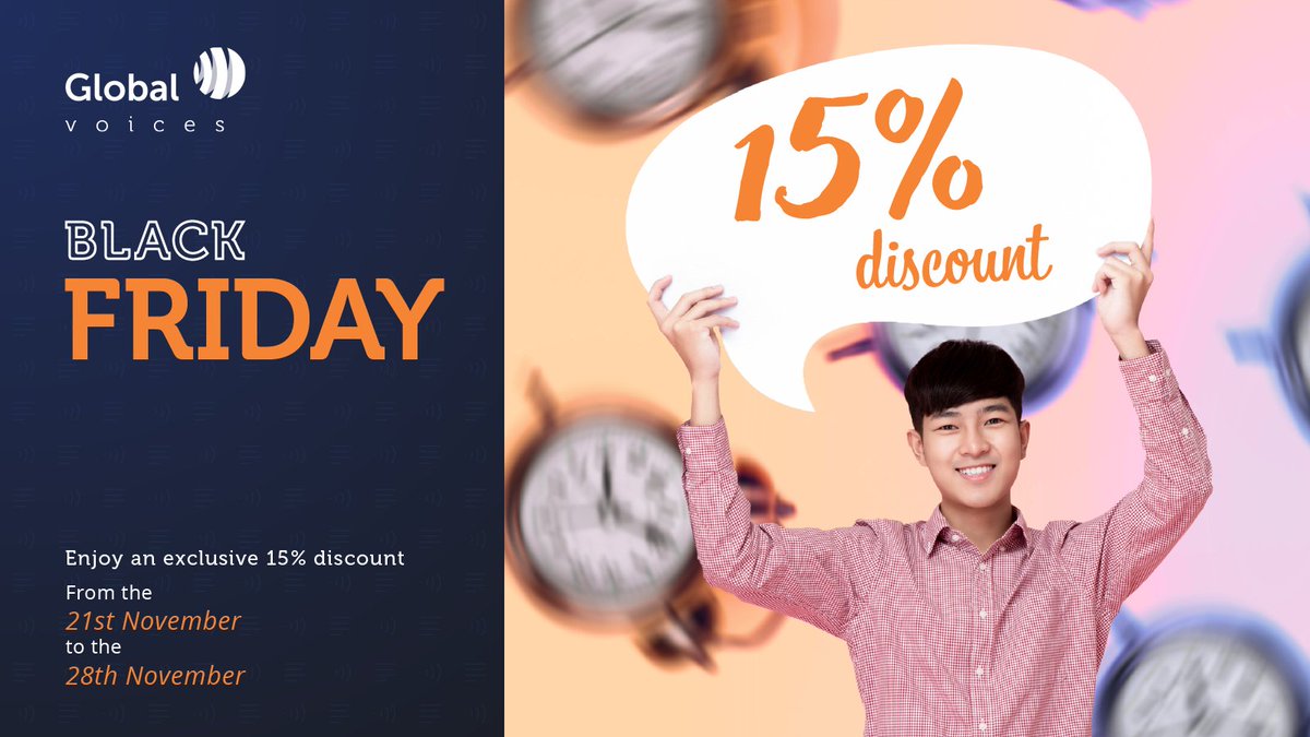 #BlackFriday is here, and we’re celebrating YOU, our valued customers! Enjoy 15% off our translation services from Nov 21st to 28th as a token of appreciation for your support. Don’t miss this exclusive offer! #GlobalVoices #ConnectingtheWorld