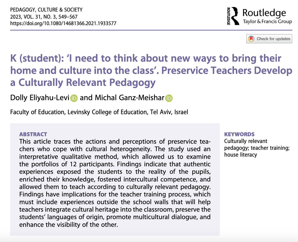 PedagogyCultSoc's tweet photo. Study on preservice teachers shows that authentic experiences enhance intercultural competence and culturally relevant pedagogy, suggesting teacher training should extend beyond school walls. 🌍👩‍🏫📚

 #TeacherTraining #MulticulturalEducation

🔗https://t.co/72CaOiaWvr https://t.co/dUex7VFWLK