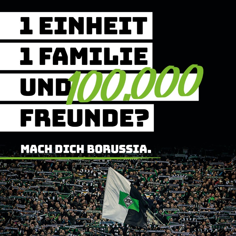 borussia's tweet photo. Gemeinsam auf dem Weg zu 100.000 Mitgliedern. 

Werde Teil der #FohlenFamilie! 💚🐎
 
👇