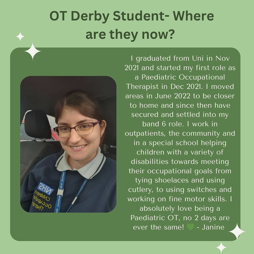 OT Student .. where are they now? Thanks Janine! We love to share every corner of OT ! 💚 #occupationaltherapy #paediatrics #otstudent #derbyot #derbyunion
