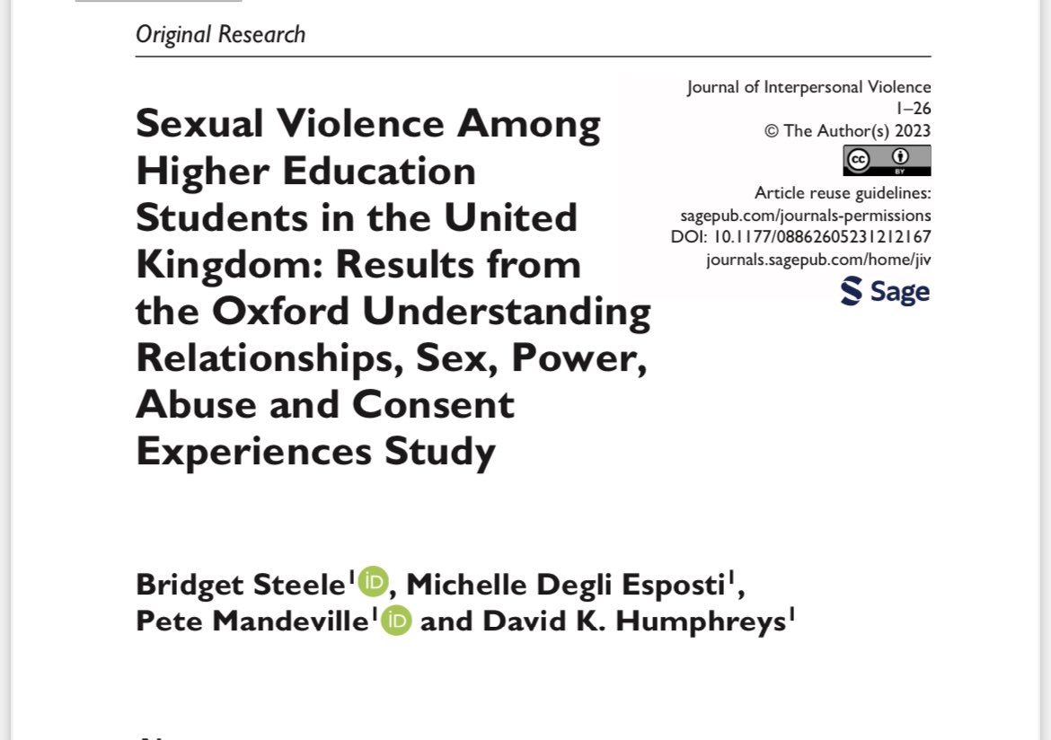 New Research led by @B_T_Steele @DSPI_Oxford looking at student experiences of sexual violence and harassment in a UK context. journals.sagepub.com/doi/10.1177/08…