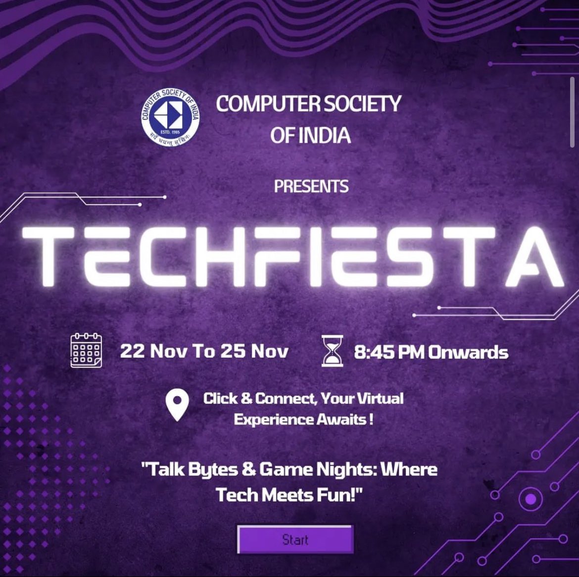 Computer Society of India brings you the ultimate virtual extravaganza TechFiesta! From 22-25th November.
Mark your calendars because you won't want to miss a moment! 🗓️🔥