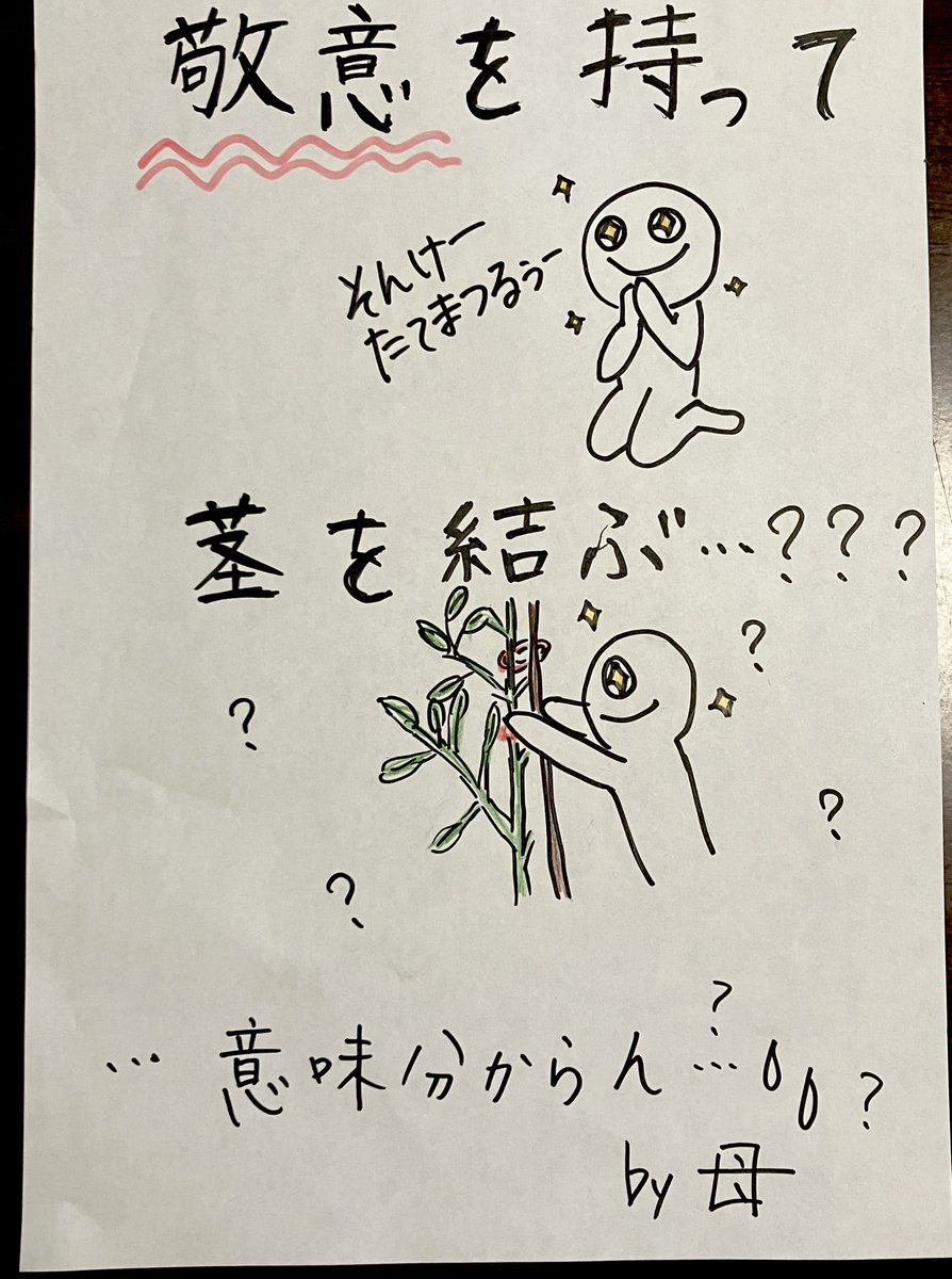 acchan_kane's tweet photo. 中2の息子の技術のワークに、意味わからん答えが…分からんかったので、イラストにしてみた…やっぱり意味分からんかった…😅　これがボケではなく、本気で書いてるのが怖い😱
#変な答え　#変な解答　#真面目に解答　#茎は敬意を持って結ぼう　#まじ解答怖すぎ　#敬意って何かね　#中2やで　#将来心配 https://t.co/hpBWB5h9gk