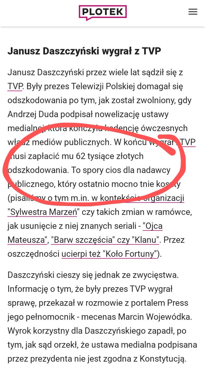 LKraskowski's tweet photo. #Plotek informuje, że były prezes #TVP Janusz #Daszczynski wygrał w sądzie proces o  "gigantyczne odszkodowanie",  które będzie "sporym ciosem dla nadawcy publicznego". Zgadnięcie ile? https://t.co/FAGcm8utxc