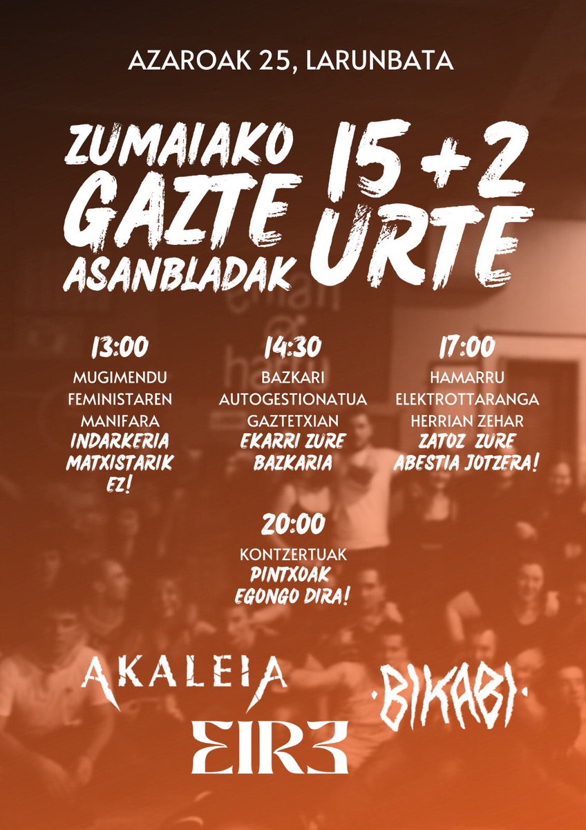 ZumaikoGA's tweet photo. 🥁🥁🥁🥁🥁🥁

BADATOR ASANBLADAN URTEURRENA❗️

Mugimendu feministan manifatik hasita ekintza ezberdinak izango diteu egunian zehar:

▪️14:30etan bazkari autogestionatua

▫️17:00etan Hamarru Elektrottaranga🎸🎺💥*️⃣

 (1/2) https://t.co/nTIIifMH6a