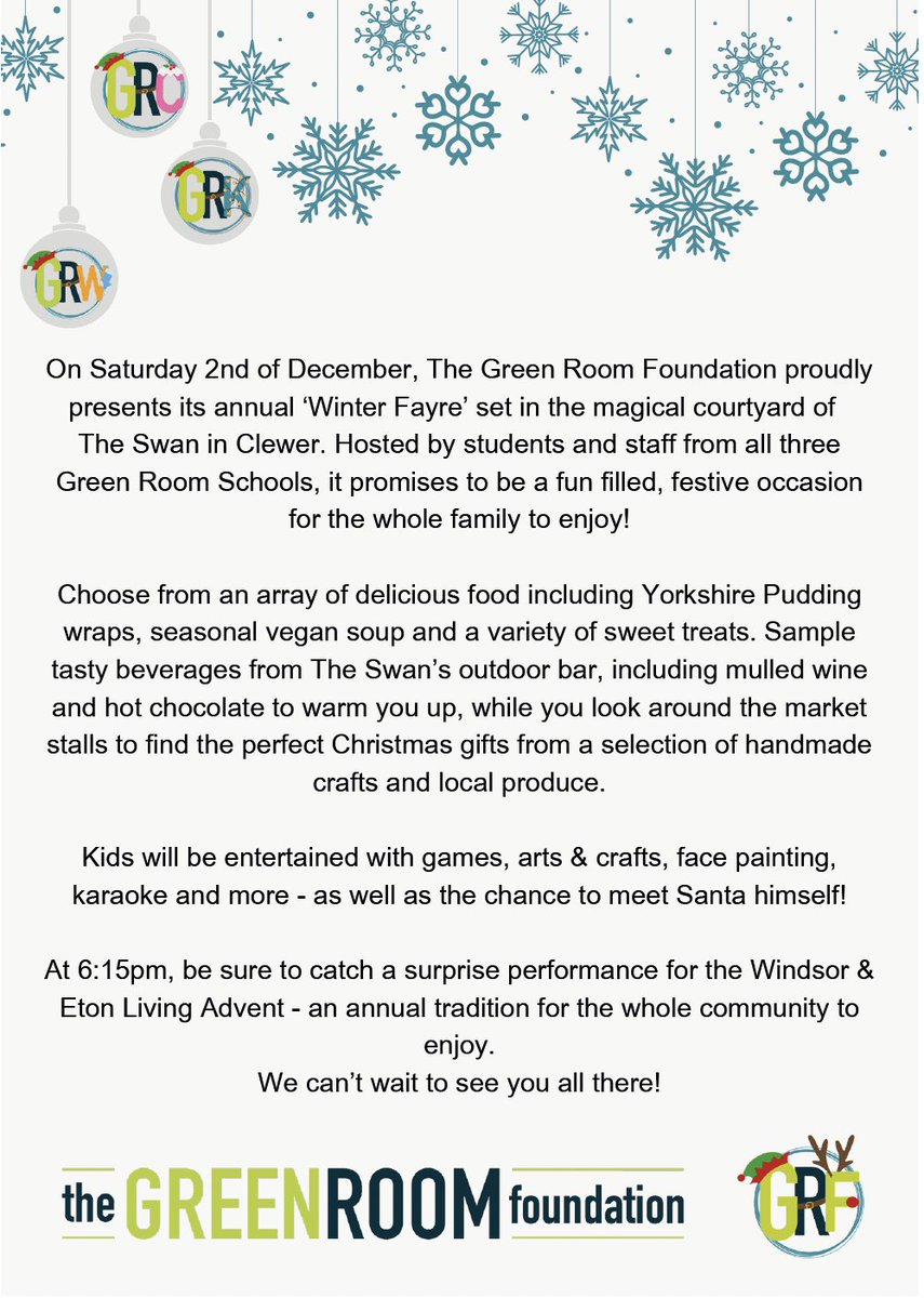 On Saturday 2nd December, The Green Room Foundation proudly presents its annual Winter Fayre set in the magical courtyard of <a href="/TheSwan_Clewer/">The Swan in Clewer</a>. Hosted by students &amp; staff from all three Green Room Schools, it will be a fun filled, festive occasion for the whole family to enjoy!