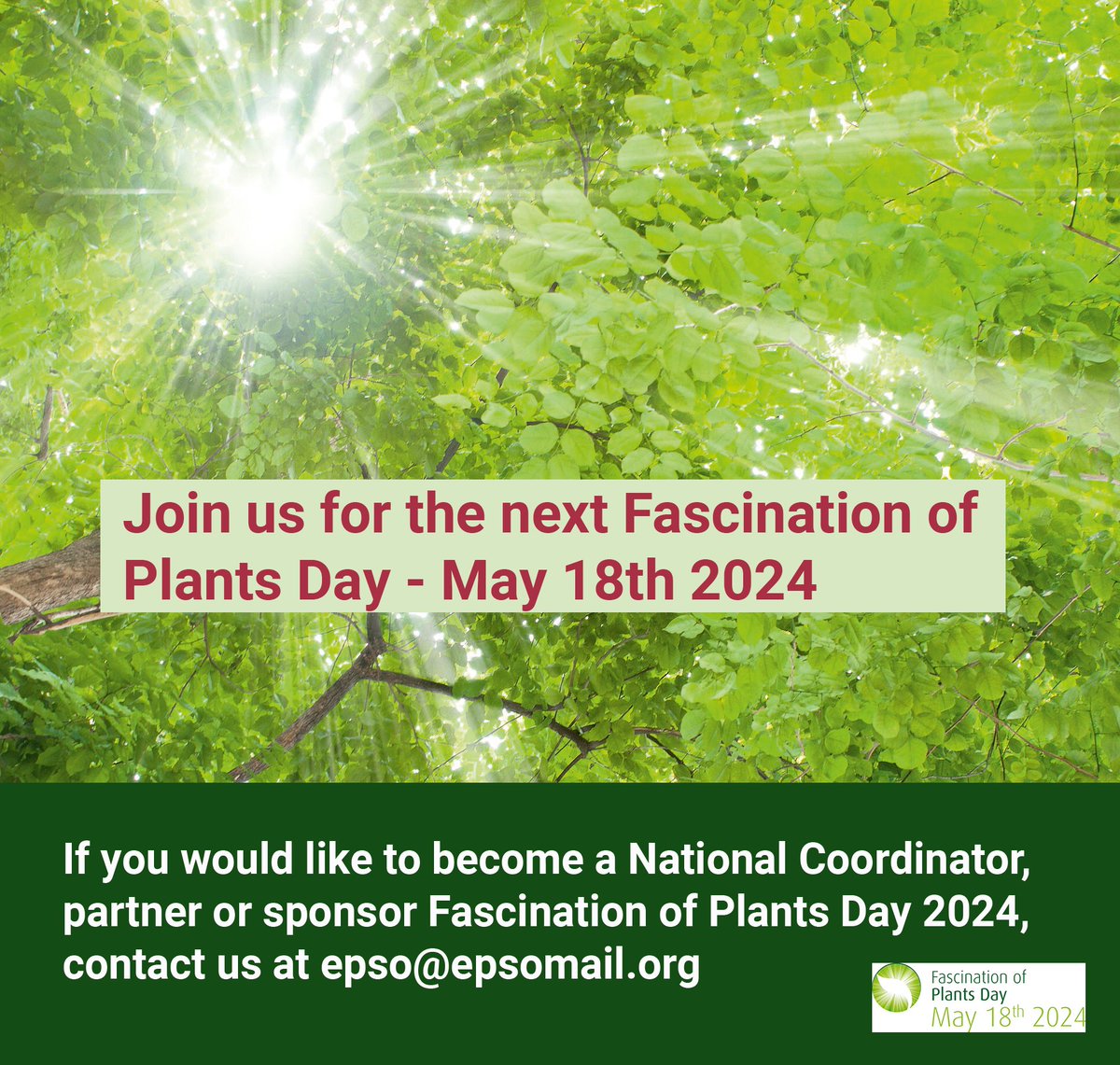 Fascination of Plants Day (@plantday18may) on Twitter photo We want to involve everyone in the 7th edition of Fascination of Plants Day around 18 May 2024, a global celebration of plants🌻
If you are from a publicly funded research institute/uni active in plant science or wish to become a partner of FoPD
📨👉plantday@epsomail.org 🤩 We want to involve everyone in the 7th edition of Fascination of Plants Day around 18 May 2024, a global celebration of plants🌻
If you are from a publicly funded research institute/uni active in plant science or wish to become a partner of FoPD
📨👉plantday@epsomail.org 🤩