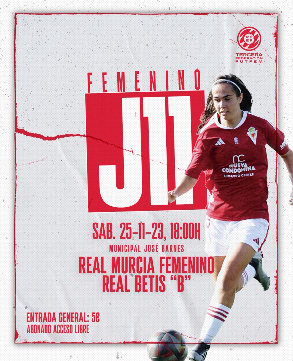 realmurciafeme's tweet photo. J11 | 🏟️ ¡𝗤𝗨𝗘𝗥𝗘𝗠𝗢𝗦 𝗟𝗟𝗘𝗡𝗔𝗥 𝗘𝗟 𝗕𝗔𝗥𝗡𝗘́𝗦!

🆚 @RealBetisFem "B"
🗓️ Sábado 25-11
⏰ 18:00h
📝 J11 Tercera RFEF G.IV
🆓 Abonados GRATIS
🎟️ NO abonados (5€) https://t.co/Cdv7vnWV6G 

👉 Usa el hashtag #LlenemosElBarnés y hagamos historia #RealMurciaFemenino https://t.co/1Sx4BNFTVT