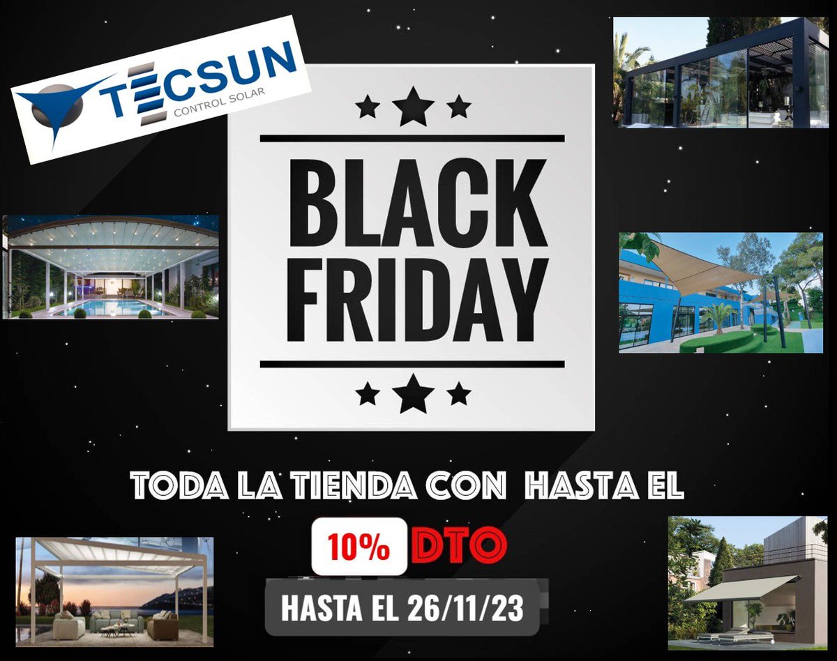 TECSUN_es's tweet photo. En Tecsun tambien estamos de BLACK FRIDAY todos los pedidos hasta el próximo 26/11 tendrán un 10% de dto. No esperes mas y llámanos  al 973 228273 https://t.co/qbjQUatEm8  
 #toldos #pergolas #velas #arquitecturatextil #mosquiteras #cortinasenrollables #techosmoviles https://t.co/BN1HGbtCpd
